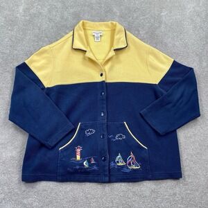 Breckenridge Button Up Sweater Size XXL Blue Yellow Sailboat Embroidery